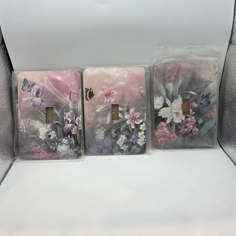Vtg Floral Light Switch Plate Covers Set of 3 Cottage Butterflies Home Decor